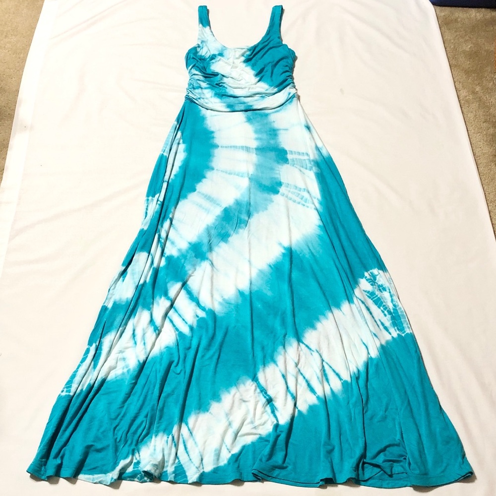 Boston Proper Long Turquoise and White Tie Dye Ruched Sleeveless Maxi Dress - S